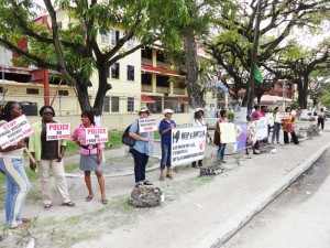 The protest line outside the Brickdam Police Station, on Wednesday last.  