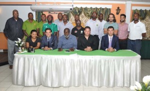 CONCACAF Club Licensing Manager Mr. Andres Portabella (seated 2nd left) and FIFA Consultant, Mr. Michael Gandler (seated right) flanked by GFF GS and Deputy GS and TD with Elite Club representatives at the Club Licensing seminar.  