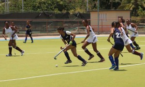 GCC’s star player Sonia Jardine (with ball) dribbles past a host of Malvern players during their encounter recently.