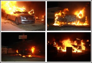 Four the vehicles on fire last evening.