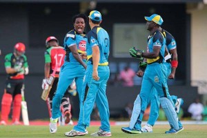 Fidel Edwards showed emotion after bowling Evin Lewis.. — at Beausejour Stadium. (CPL)