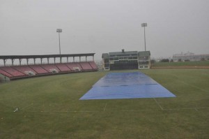 Rain pours down on the Providence Stadium.