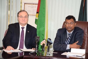 Russian Ambassador to Guyana, H.E. Nikolay Smirnov, and Public Security Minister, Mr. Khemraj Ramjattan briefing the media after their meeting yesterday.