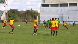 Golden Jaguars practicing set pieces yesterday afternoon at Arnos Vale.