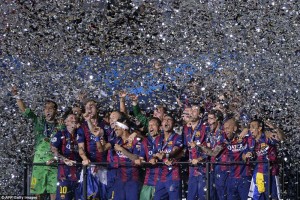 The ticker tape rains down in Berlin as Barcelona celebrate their fifth European crown after a magnificent performance against Juventus. (AFP/Getty Images)