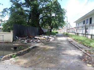 A garbage pile is seen at the entrance of the access to the Blind Society.