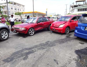 The three vehicle collision at Camp and New Market Streets, yesterday.