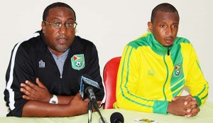 Guyana head coach Jamaal Shabazz (left) and team captain Christopher Nurse speak to the press after the WCQ elimination.