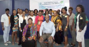 The second batch of participants, after Thursday’s ceremony, pose with Ms. Inge Nathoo, Secretary- General, Guyana National Commission for UNESCO and Executive Director of the Youth Challenge for Guyana, Dmitri Nicholson sitting. 