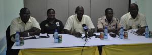 (From left) Troy Peters, Sabrina Panday, Kurt Douglas, Commander Clifton Hickens & George Vyphuis at yesterday’s briefing. 