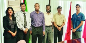 Minister Khemraj Ramjattan (2nd left) with some of the Directors of the GSSF Board during the visit.