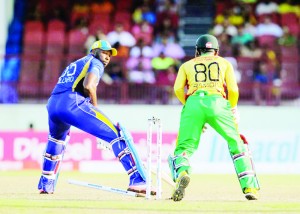 Kieron Pollard was devastated after being clean bowled by Veerasammy Permaul at National Stadium Providence Guyana. (CPL)