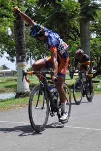 Paul DeNobrega crosses the finish line comfortably ahead of Robin Persaud. (Franklin Wilson photo)