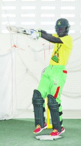 Sherfene Rutherford in the  nets during a practice session  at the Chetram Singh Centre  of Excellence Indoor Facility.