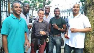 Davendra M Sharma, [third left) celebrates the achievement in England with his old QC pals (from left) Demarus Farinha, Kwesi Nero, Owen Fraser, Andy Ninvalle and Neville Munroe 