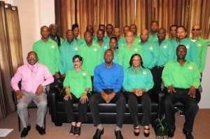 The Guyana team with Director of Sport Christopher Jones (sitting center). GDA president Faye Joseph is seated second from left, Secretary Barbara Marshall is second from right, while PRO Orin Boston is far left (sitting). 