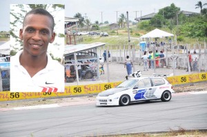  Suriname’s Oliver Tjin Liep Shie (inset) hoists the chequered flag after one of his victories on Sunday.