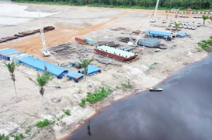 An overhead view of the BaiShanLin’s barge building operations and compound in Region 10.