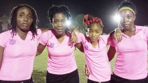 The triumphant Trinidad women’s quartet enjoys a photo op shortly after defeating their Guyanese counterparts. From left: Prince, Morgan, Hackshaw and Preddie. 