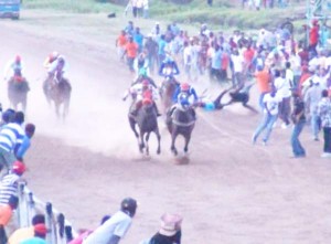 Stills from a video shows one of the racehorses colliding with some spectators who had encroached the track during the event which led to the speculations.