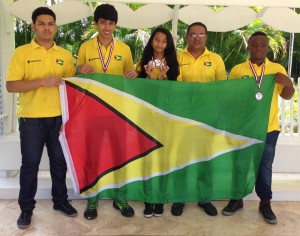 The Guyana team to the CAREBACO Individual Championships from right Tryese  Jeffrey, Gokarn Ramdhani, Priyanna Ramdhani, Narayan Ramdhani and Jonathan Mangra. 