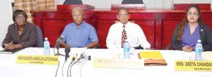 (From left to right) Commissioner Sandra Jones, Professor Harold Lutchman, Commissioner Samuel Goolsaran and Secretary of the COI Geeta Chandan Edmond speaking with reporters, yesterday (GINA Photo) 