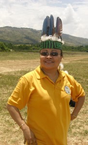 Wearing a traditional Amerindian headwear