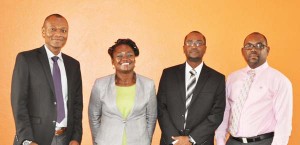 Presidential hopeful Wayne Forde (2nd right) poses with Slate members (from left) - Committee member Dion Inniss, 3rd Vice-President Thandi McAllister and 2nd Vice-President- Rawlston Adams yesterday.