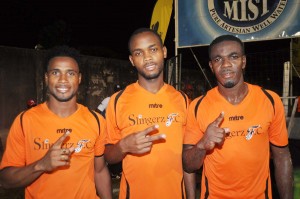 Slingerz goal scorers from right, Dwayne Jacobs, Julian Wade and Vurlon Mills.  