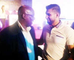   Pic - Steve Ninvalle and Amir Khan – GBA President Steve Ninvalle shares a light moment with world rated boxing Amir Khan at a dinner at the Grant Hyatt Hotel in Doha during the AIBA Congress.