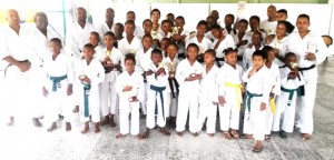  The successful participants at last Sunday’s Guyana Wado Ryu Karate Association annual Kumite Karate tournament take time out for a photo after the action at the Banks DIH Sports Club.