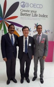 Attorneys General of Guyana and Trinidad and Tobago Hon. Basil Williams and Faris Al Rawi with President of the Financial Action Task Force Je-Yoon Shin at OECD Headquarters in Paris France.