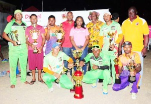 Captain of Demerara A team Chien Gittens stooping second from right and Demerara B team skipper Amrit Rai stooping left with other prize winners and officials of the sponsors and organisers.