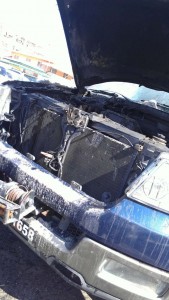 The section of the vehicle that was damaged by the fire.