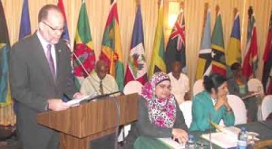 CARICOM Secretary-General, Ambassador Irwin LaRocque, delivers his address at the opening of the COTED meeting at the Pegasus Hotel yesterday.