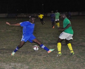 Part of the action in the clash between Linden’s Milerock and Ann’s Grove on Tuesday night at the MSC ground.