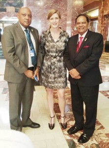 PM Moses Nagamootoo (right) and Governance Minister, Raphael Trotman, with US’ Representative to the UN, Samantha Power.