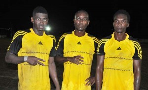 From left- Winners Connection goalscorers Marmarlaque Davidson, Runic Vokoll and Keon Sears pose for a photo after the game. 