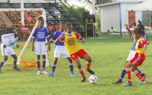 Part of yesterday’s action in the Smalta / Ministry of Public Health Girls Pee Wee Schoiols Football Competition.