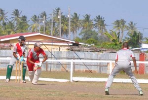 Jonathon Foo gathers leg-side runs during his match winning stand with Assad Fudadin at Port Mourant yesterday. 