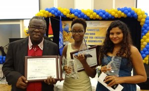 (From left) Kaieteur News Editor-in-Chief with former Kaieteur News health reporter Desilon Daniels and current health reporter Jeanna Pearson on Friday night at the 2015 PAHO Clare Forrester Media Awards for excellence in Health Journalism. 