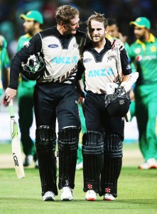 Martin Guptill and Kane Williamson walk off after securing a ten-wicket win, New Zealand v Pakistan, 2nd T20I, Hamilton, January 17, 2016 ©Getty Images