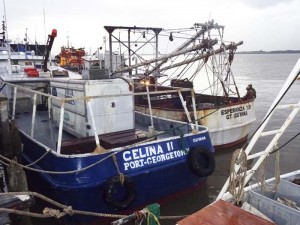 The boat (at right) on which Shahabudeen Haniff and others were working.