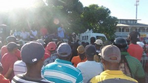 Opposition Leader, Bharrat Jagdeo speaking to sugar workers and others at Wales yesterday.