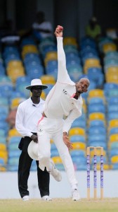 Barbados off-spinner Roston Chase had superb match figures of 10 for 104 against Guyana at Kensington Oval. (WICB Media Photo/Randy Brooks)