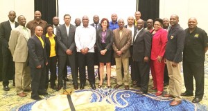 CBC VP, Finance and Marketing, FIBA Governance Commission Board Member and the GABF Honorary General Secretary, Patrick Haynes (third left, front row) and GABF President, Nigel Hinds (centre, back row) represented Guyana at the CBC Assembly in The Bahamas. 