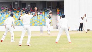 Rajendra Chandraika edges Justin Greaves during his 52-run opening stand yesterday.