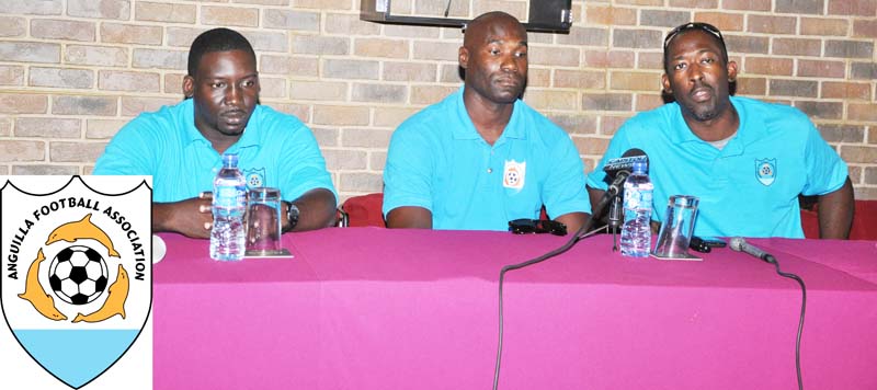 Anguilla National Team Captain Kevin Hawley (right) with Head Coach Leon Jeffers (center) and Manager Nigel Linton at yesterday’s press conference. 