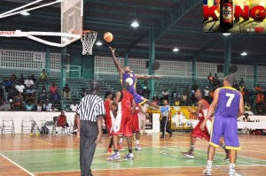 Pacesetters national forward, Randy Richardson splits the defence in the paint for a classic finger roll Sunday night at the Cliff Anderson Sports Hall.