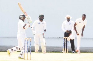 Shiv Chanderpaul plays a dismissive pull off Alzarri Joseph during his 48 yesterday.